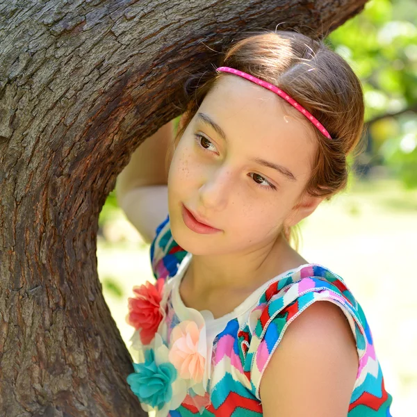 Girl embrace tree — Stock Photo, Image