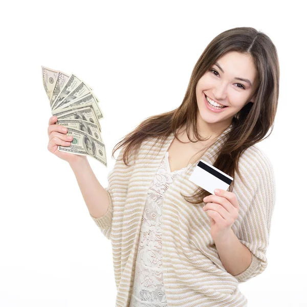 Chica sosteniendo dinero y tarjeta — Foto de Stock