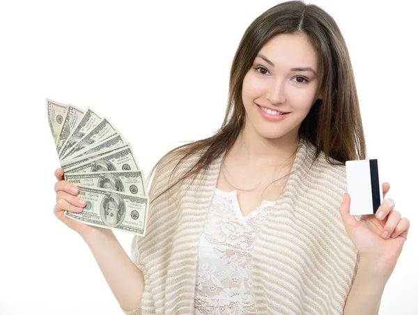 Woman with cash and card Stock Photo