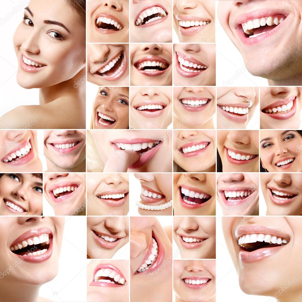 Collection of human smiles with healthy white teeth.