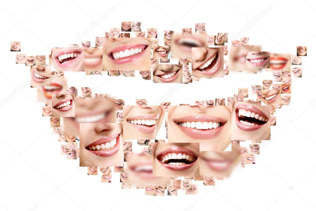Smile collage of perfect smiling faces closeup. Conceptual set of beautiful wide human smiles with great healthy white teeth. Isolated over white background