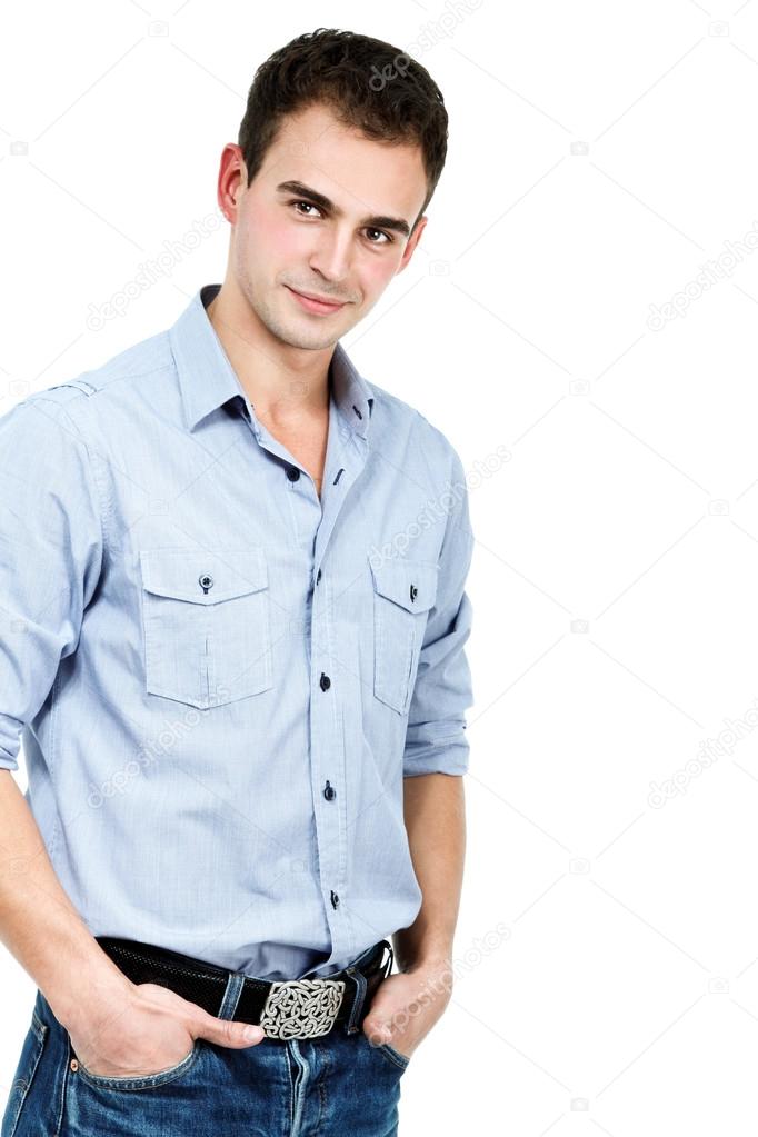 Young man in blue shirt and jeans