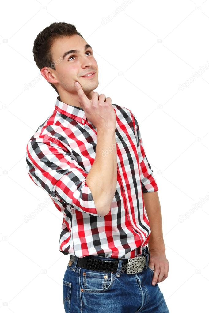 Young cheerful man in checked shirt