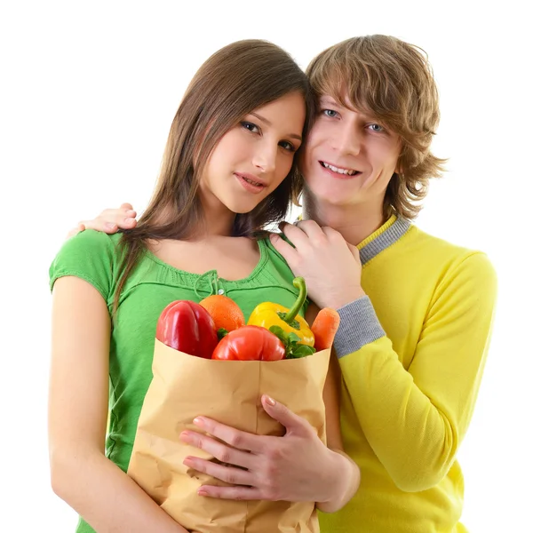 Pareja con bolsa de supermercado — Foto de Stock