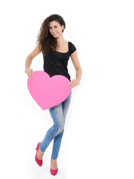 Dívka s růžové srdce — Stock fotografie