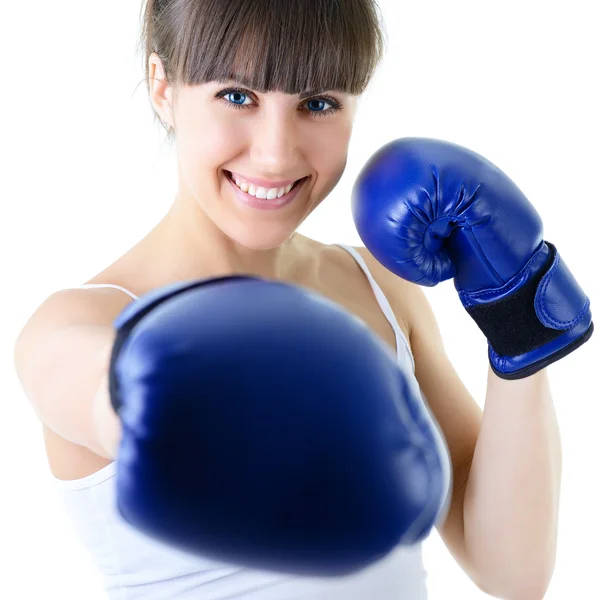 Vrouw in bokshandschoenen — Stockfoto