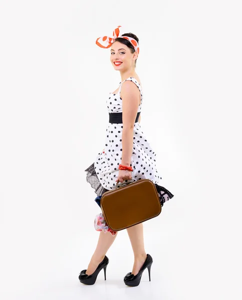 Pinup chica con maleta — Foto de Stock