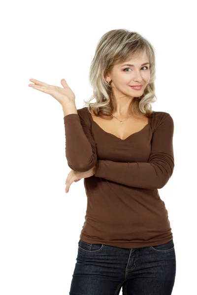 Woman showing something — Stock Photo, Image