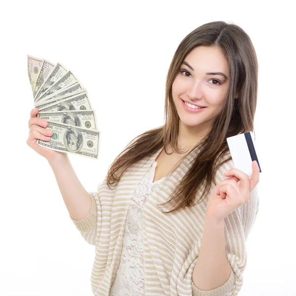 Mujer sosteniendo efectivo y tarjeta —  Fotos de Stock