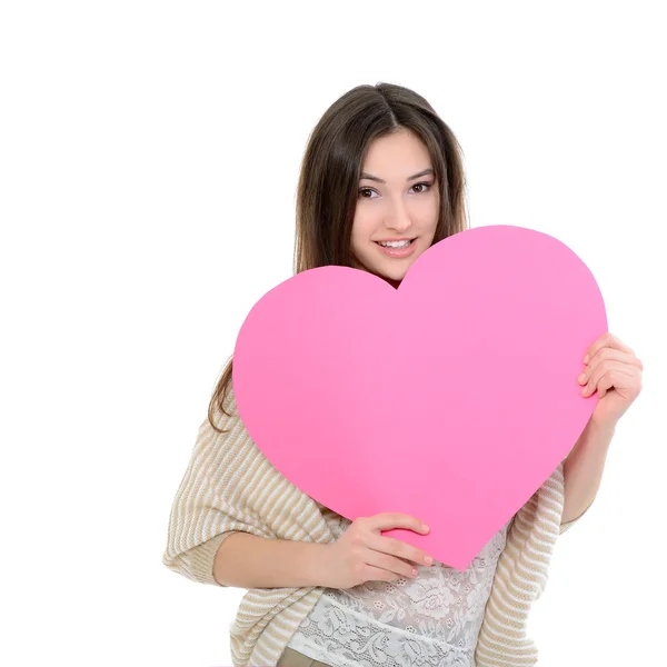 十几岁的女孩，用粉红色的心 — 图库照片
