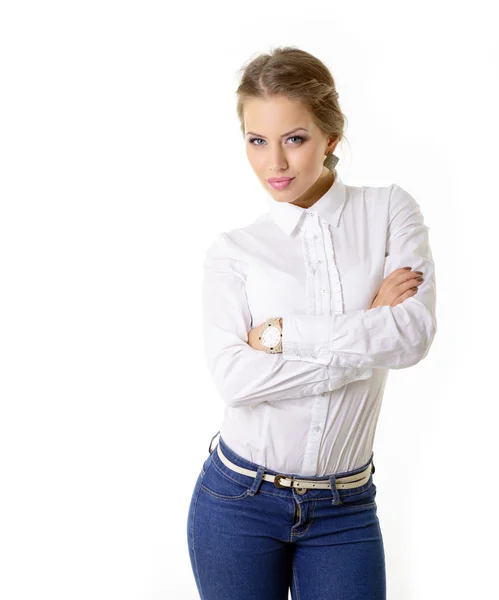 Attraente ragazza di moda in jeans blu — Foto Stock