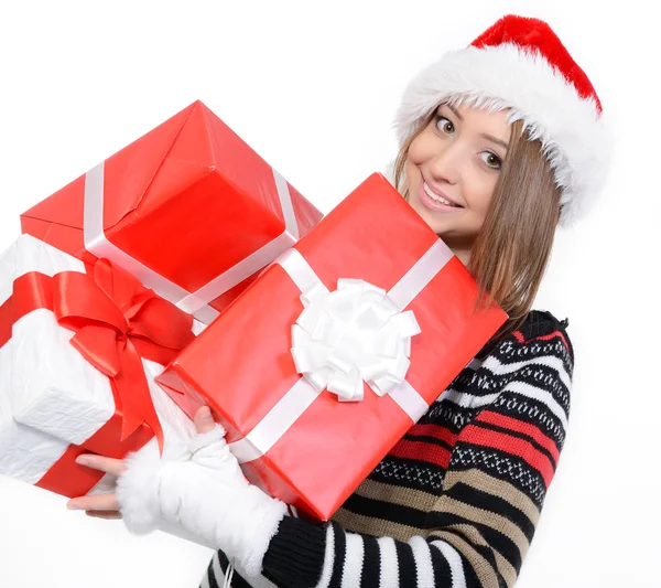 Christmas kvinna anläggning nuvarande lådor — Stockfoto