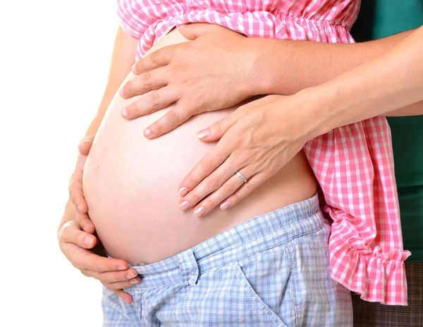 Husband touching belly his pregnant woman — Stock Photo, Image