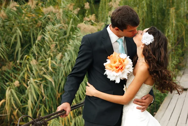 Beautiful bride with goom  on the bridge — Stock Photo, Image