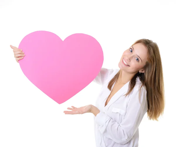 Happy smiling girl with pink heart — Stock Photo, Image