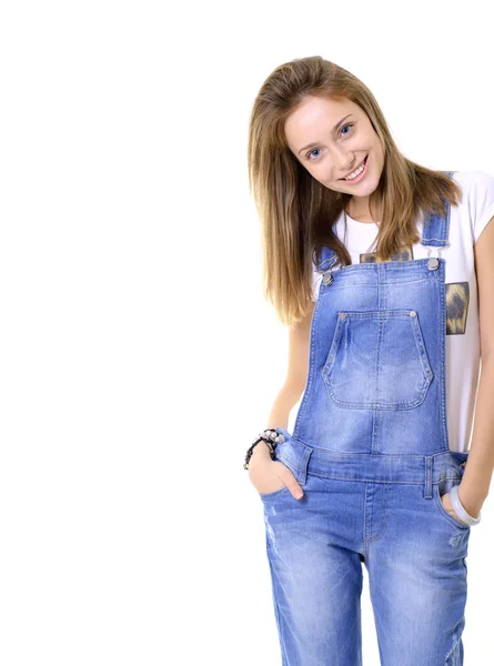 Dospívající dívka v modrém denimu catsuit — Stock fotografie