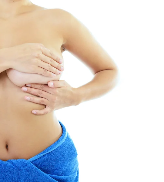 Mujer examinando su pecho de mastopatía — Foto de Stock