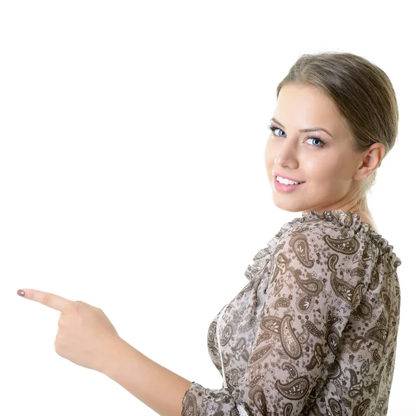 Woman pointing with her finger — Stock Photo, Image