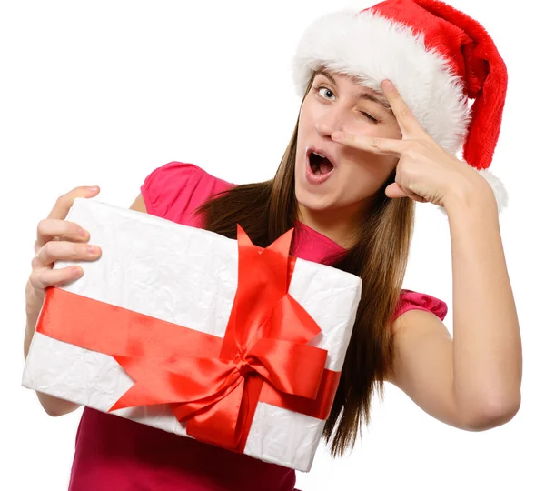 Chica de navidad con caja actual —  Fotos de Stock