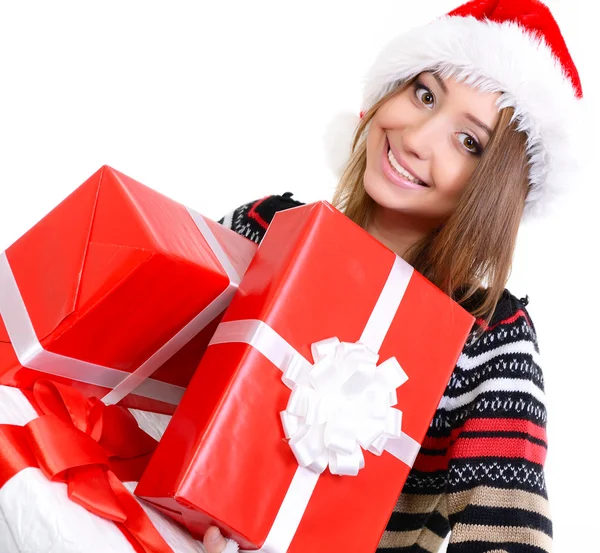 Mujer de Navidad sosteniendo cajas regalo Imagen De Stock