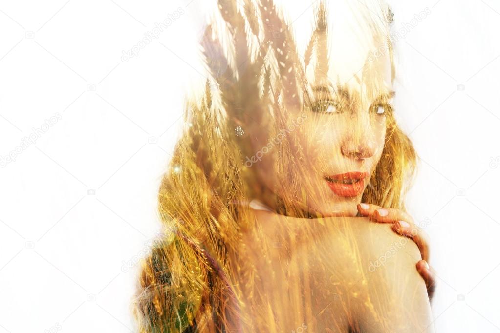 Double exposure portrait of a woman