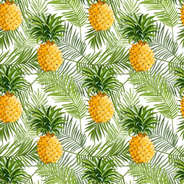 Tropikal palmiye yaprakları ve ananas arka plan - Dikişsiz desen