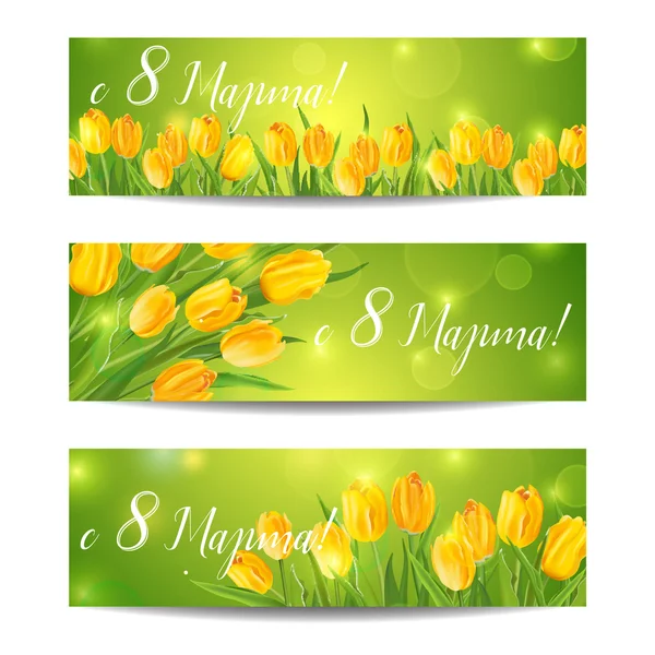 8 maart - Banners vrouwen dag groet - met kleurrijke tulpen — Stockvector