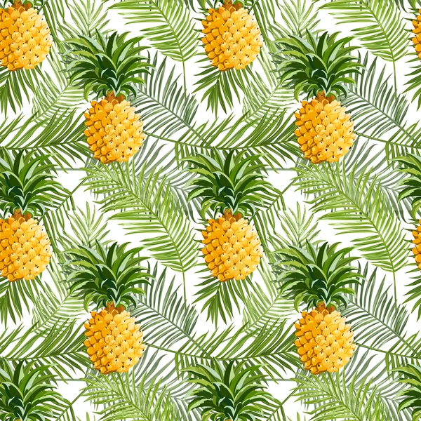 Tropical Palm Leaves and Pineapples Background - Seamless Pattern — Stock Vector