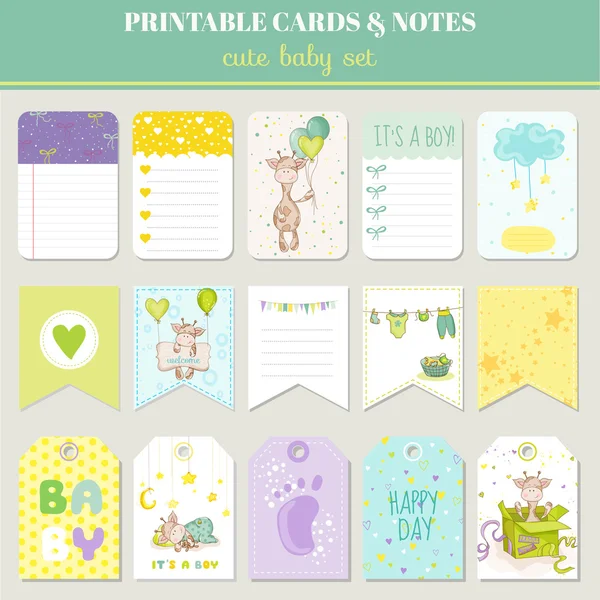 Ensemble de cartes bébé garçon - avec girafe mignonne - pour anniversaire, baby shower — Image vectorielle