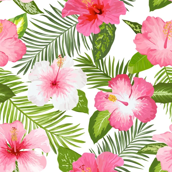 Tropical Flowers and Leaves Background - Vintage Seamless Pattern — Stock Vector
