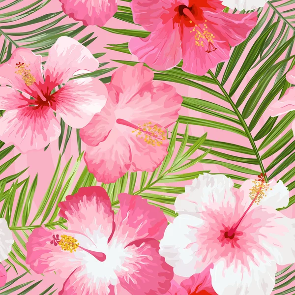 熱帯の花し、葉の背景 - ヴィンテージのシームレス パターン — ストックベクタ