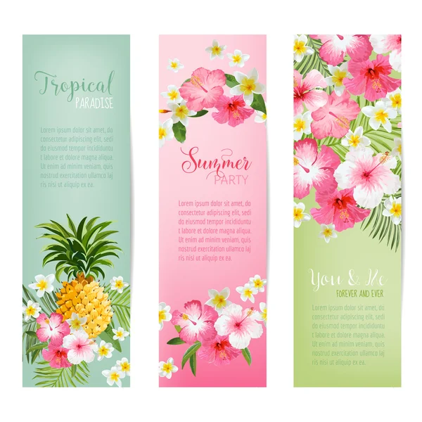 Flores tropicales y pancartas de piñas y etiquetas - Tarjetas Vintage — Vector de stock