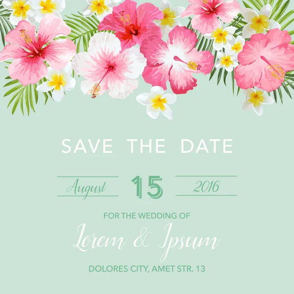 Bröllop inbjudningskort - med blommig tropiska bakgrund — Stock vektor