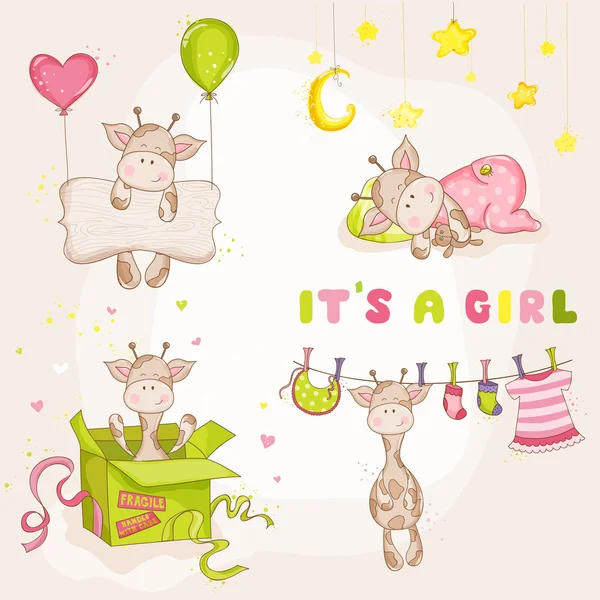 Baby meisje Giraffe Set - Baby Shower of aankomst Card - in vector — Stockvector