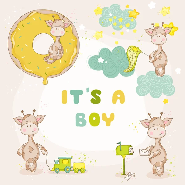 Conjunto de jirafa Baby Boy - Baby Shower o tarjeta de llegada - en vector — Vector de stock