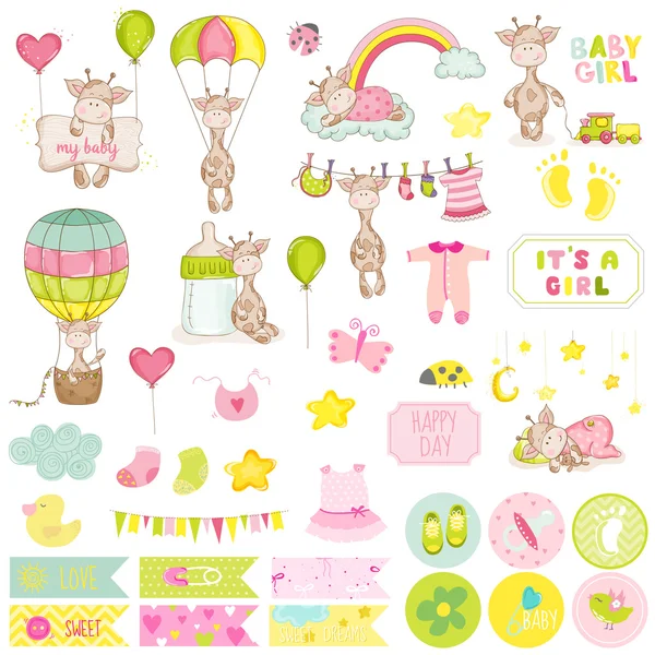 Bebek çocuk zürafa Scrapbook küme. Vektör Scrapbooking. Dekoratif öğeler — Stok Vektör