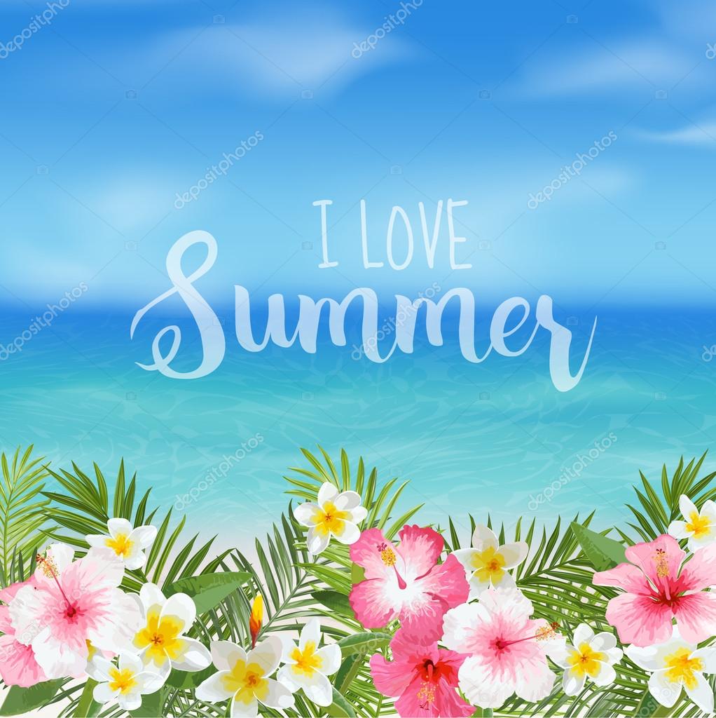 Тропический Фон. Пальмовые Листья. Вид На Море Фон. Векторный Фон.