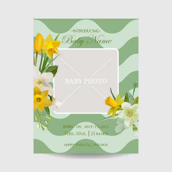 Tarjeta de llegada del bebé con marco de fotos - Flor Flores Tema - en vector — Vector de stock