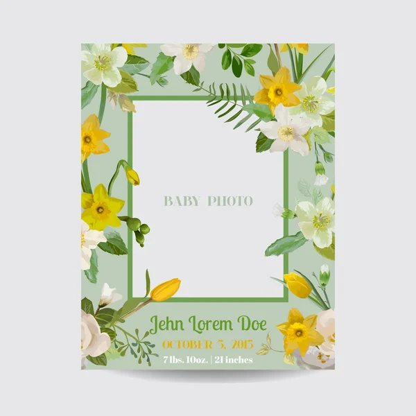 Tarjeta de llegada o ducha para bebés - con marco fotográfico y diseño floral en flor - en vector — Vector de stock