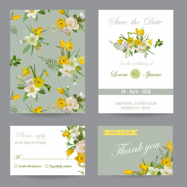 結婚式の招待状。お祝いカード セット。日付を保存します。春の花。ベクトル ポストカード. — ストックベクタ