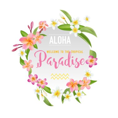 Tropikal çiçek ve yaprakları arka plan. Yaz tasarım. Vektör. T-shirt Moda grafik. Egzotik arka plan.