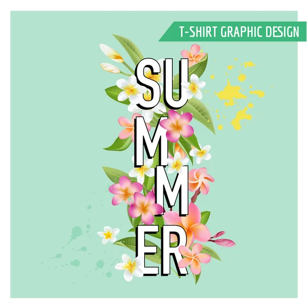 Tropische Blumen und Blätter Hintergrund. Sommerdesign. Vektor. T-Shirt Mode Grafik — Stockvektor