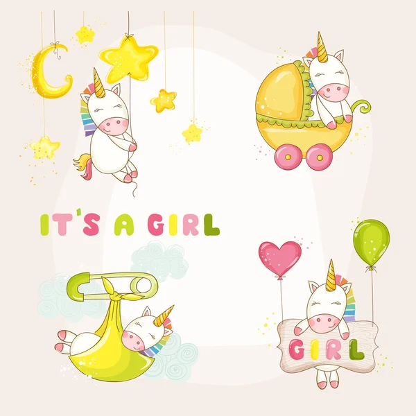 Conjunto de unicornio bebé - Baby Shower o tarjeta de llegada - en vector — Vector de stock