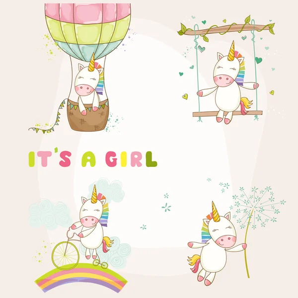 Set di unicorni per bambini - Baby Shower o Arrival Card - in vettore — Vettoriale Stock