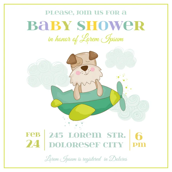 Baby Shower o tarjeta de llegada - Baby Dog en un avión - en vector — Vector de stock