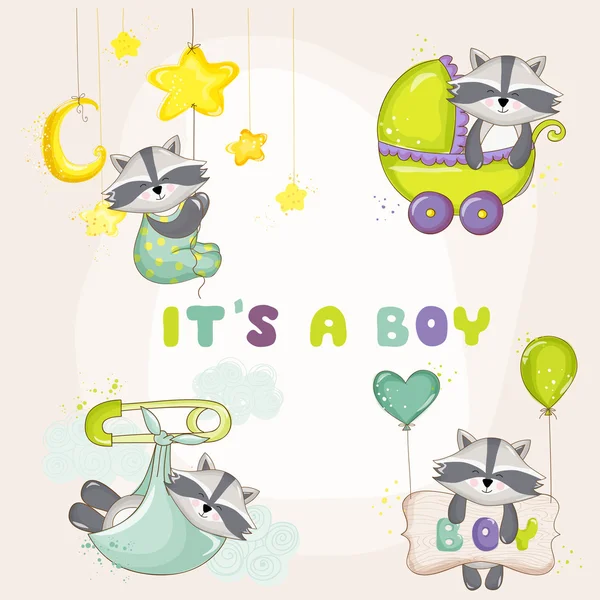 Zestaw dziecięcy Racoon - Baby Shower lub dziecka przyjazdu karty - w wektor — Wektor stockowy