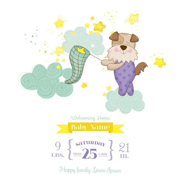 Baby Shower o Arrival Card - Baby Dog Catching Stars - in vettore — Vettoriale Stock