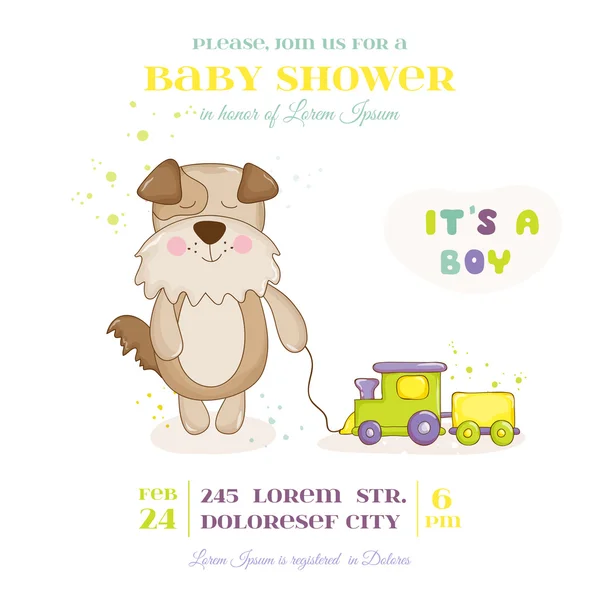 Bebek duş veya varış kartı - tren oyuncak bebek köpek - vektör — Stok Vektör