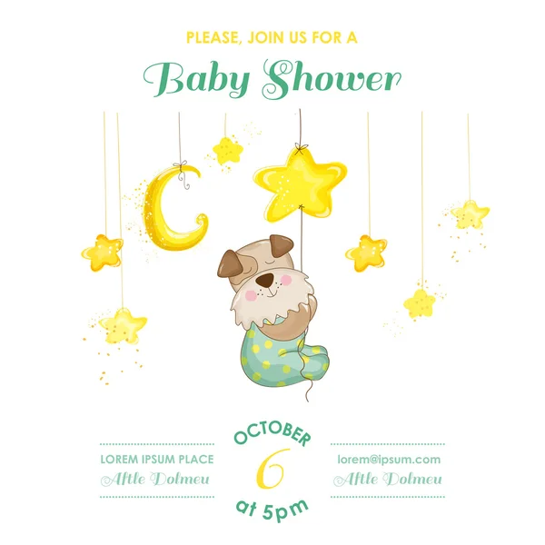 Baby Shower or Arrival Card - Baby Dog Catching Stars - in vector — Stock Vector