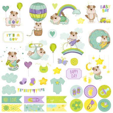 Bebek çocuk köpek Scrapbook küme. Vektör Scrapbooking. Dekoratif elemanlar. Bebeğim Etiketler. Bebeğim etiketleri. Çıkartmalar. Notlar.